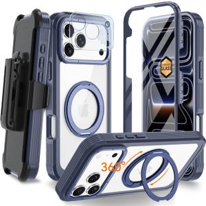 Magnetic for iPhone 17 Pro Case, Compatible with MagSafe, Full Body Rugged Case with Built-in Screen Protector & Kickstand & Belt-Clip (Blue)