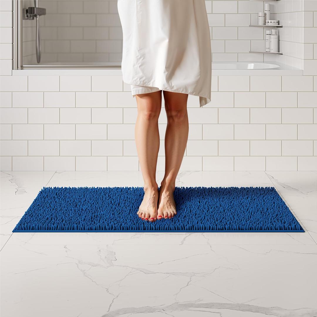 ITSOFT Plush Bathroom Rug 47x21, Absorbent Machine Washable Non Slip Chenille Bath Mats, Quick Dry Bathmat, Bath Rugs for Bath, Shower, Bedroom, or Door Mat, Dark Blue