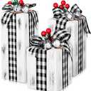 Amyhill 3 Pcs Christmas Wooden Gifts Box Decor Christmas Plaid Presents Table Centerpieces Rustic Wooden Gifts Tiered Tray Decor with Buffalo Plaid Bowknot for Xmas Party(White,Classic)