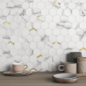 VAOVI Peel and Stick Backsplash Tile,Backsplash Tile for Kitchen Peel and Stick Wall Panels Hexagon Marble Tile(10pcs,White Gold) (10sheets)