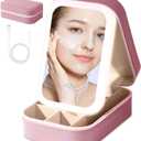 Small Travel LED Makeup Mirror Case with 3 Adjustable Color Light Settings, Dust-Proof Jewelry Box, Mini Cosmetic Train Case Ideal for Short Trips (Pink)