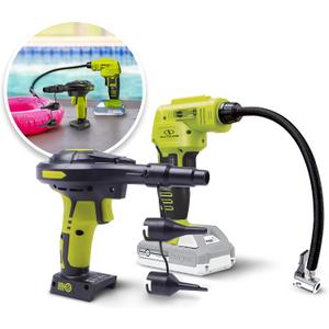 Sun Joe 24V-AJC-AJV-LTE 24V IONMAX High Volume Inflator & Portable Air Compressor Kit, w/ 2.0-Ah Battery + Charger, Storage Bag, 3 Inflation Adapters, and Nozzle Pin Attachments (Green)