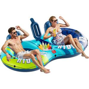 QPAU Inflatable Double River Tube, 2 Person 660lb Capacity, Puncture-Resistant 93" Sturdy Heavy Duty River Float, River Raft with Ergonomic Backrest, Cooler & Cup Holders for Family (Dark Blue)