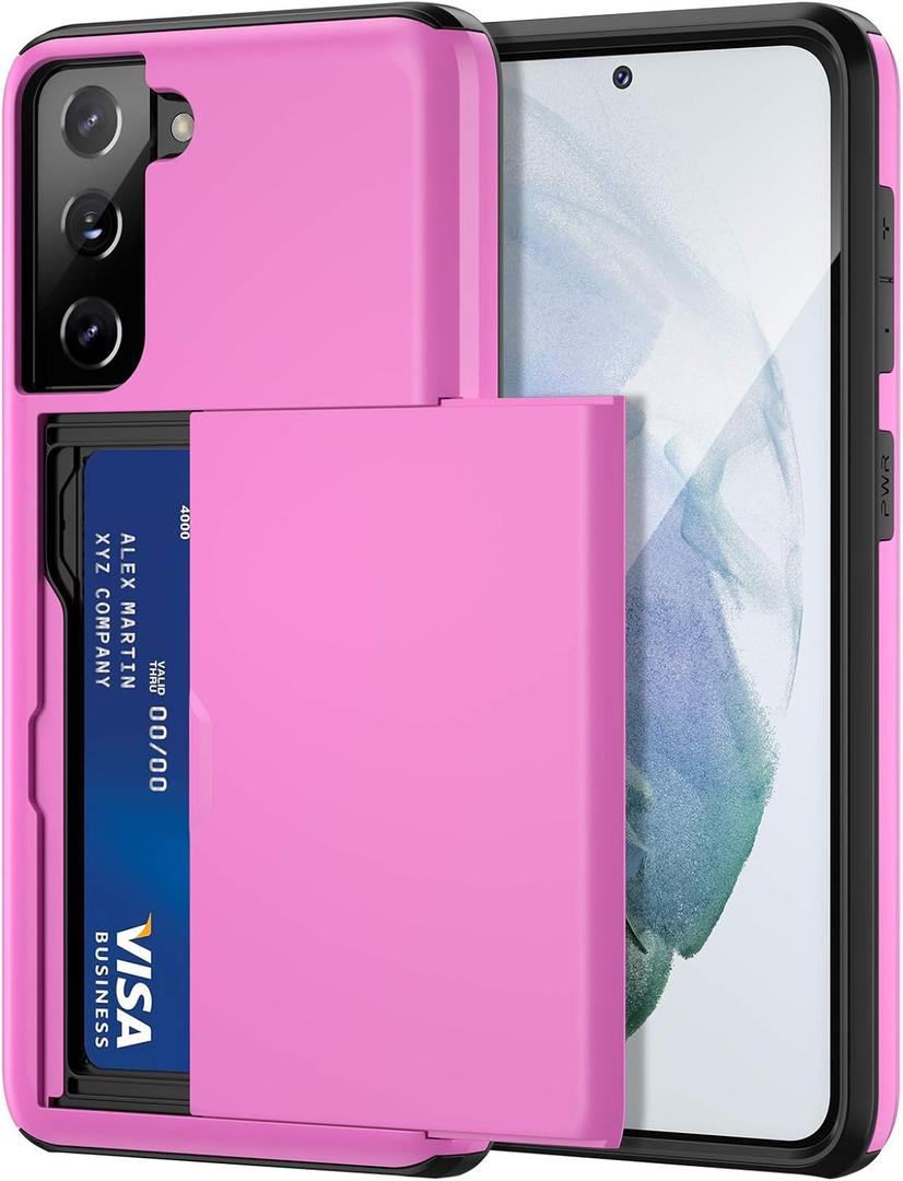 Jiunai for Samsung Galaxy S21 Case Credit Card IDs Cash Holder Shell Wallet Case Slide Cover Dual Layer Hard PC Soft TPU Rubber Cover Phone Case for Samsung Galaxy S21 5G 6.2'' 2021 Pink