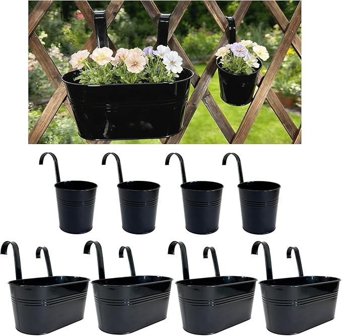 Joyfernal Pack of 4 Metal Hanging Planters for Outdoor Plants, 2 Pcs 4" Round Railing Planter & 2 Pcs 10" Oval Fence Flower Pots for Balcony Garden Decor, Black