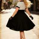 Nihsatin Vintage 1950s Retro Rockabilly Swing Dress Polka Dots Cocktail Dress with Belt (Black, XXXL)
