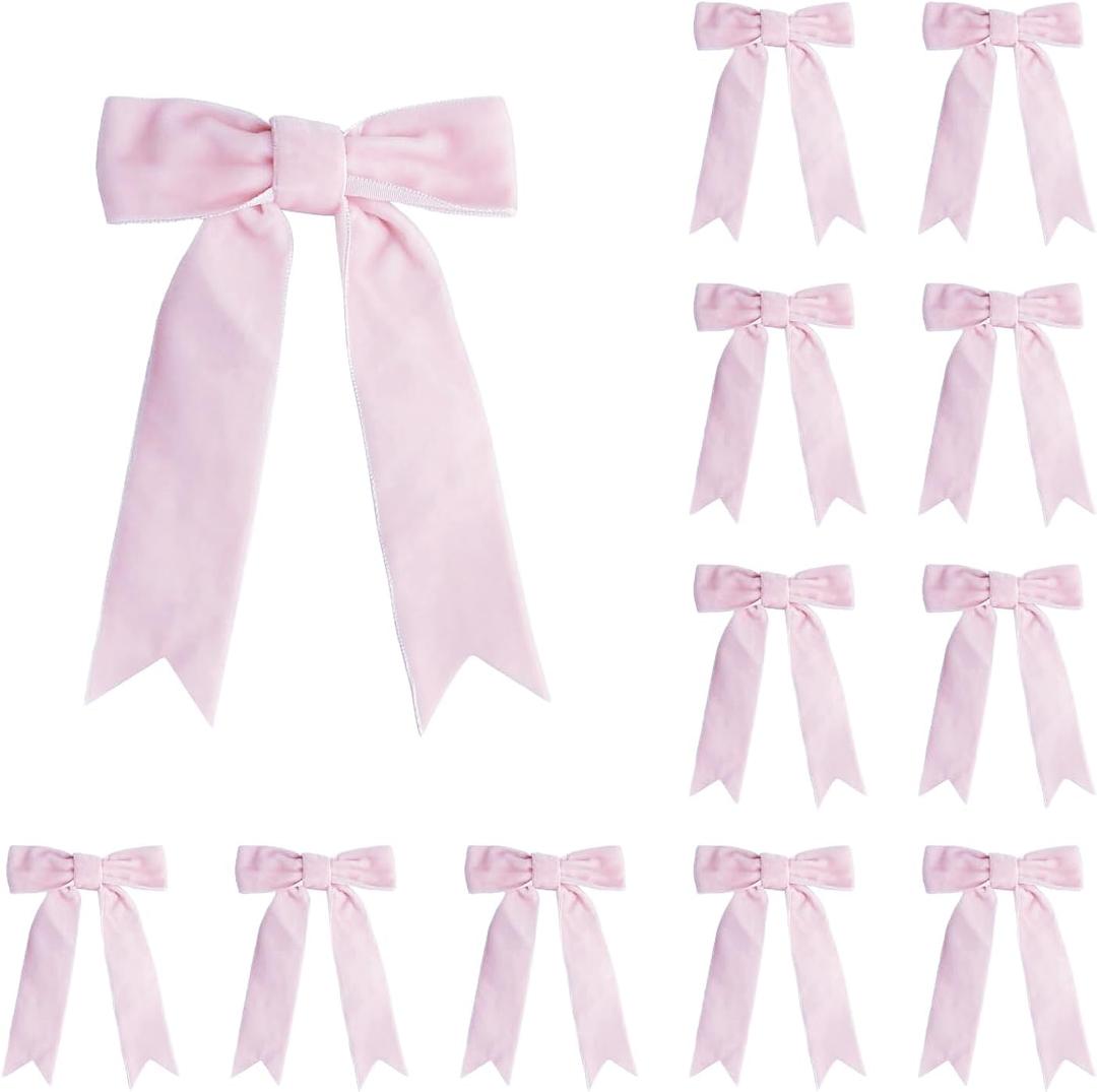 2 x Meseey 12 Pcs Pink Velvet Bows with Twist Tie 3.5 Inch Pre-Tied Vintage Christmas Velvet Ribbon Bows for Treat Bags Gift Wrapping Basket Wedding Baby Shower Brithday Party