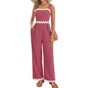 AGERWAY Womens Summer Jumpsuits Dressy Rickrack Trim Square Neck Casual One Piece Sleeveless Wide Leg Long Pant Rompers (S)