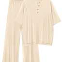 PRETTYGARDEN 2 Piece Lounge Sets for Women Summer 2025 Short Sleeve Tops Wide Leg Pants Matching Travel Outfits Clothing (Beige,X-Small)