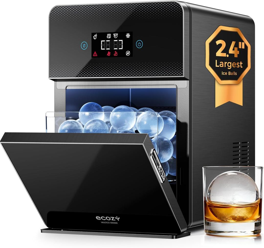ecozy 2.4" Clear Ice Ball Maker Countertop with CrystalFlux Technology, 3 pcs in 45 Mins, 96 pcs/Day, Sphere Ice Maker with Automatic Water Supply, Self-Cleaning, Enhanced Insulation for Whiskey Bar