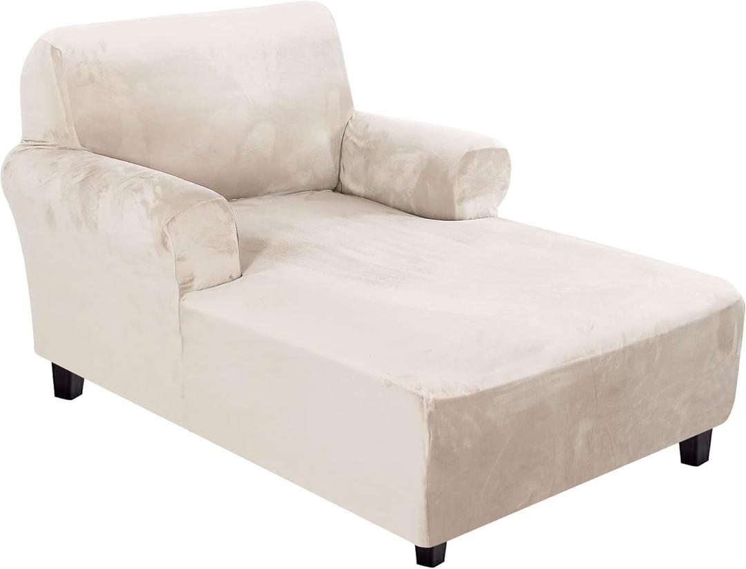H.VERSAILTEX Velvet Chaise Lounge Cover - High Stretch Chaise Chair Cover for Living Room Soft Slipcovers with Arms - Luxury Velvet Dog Covers, Machine Washable, Ivory