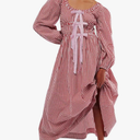 Women Cute Gingham Maxi Dress Vintage Plaid Bow Puff Sleeve Flowy Dress Checkered Square Neck Smocked Long Dresses, Pink, L