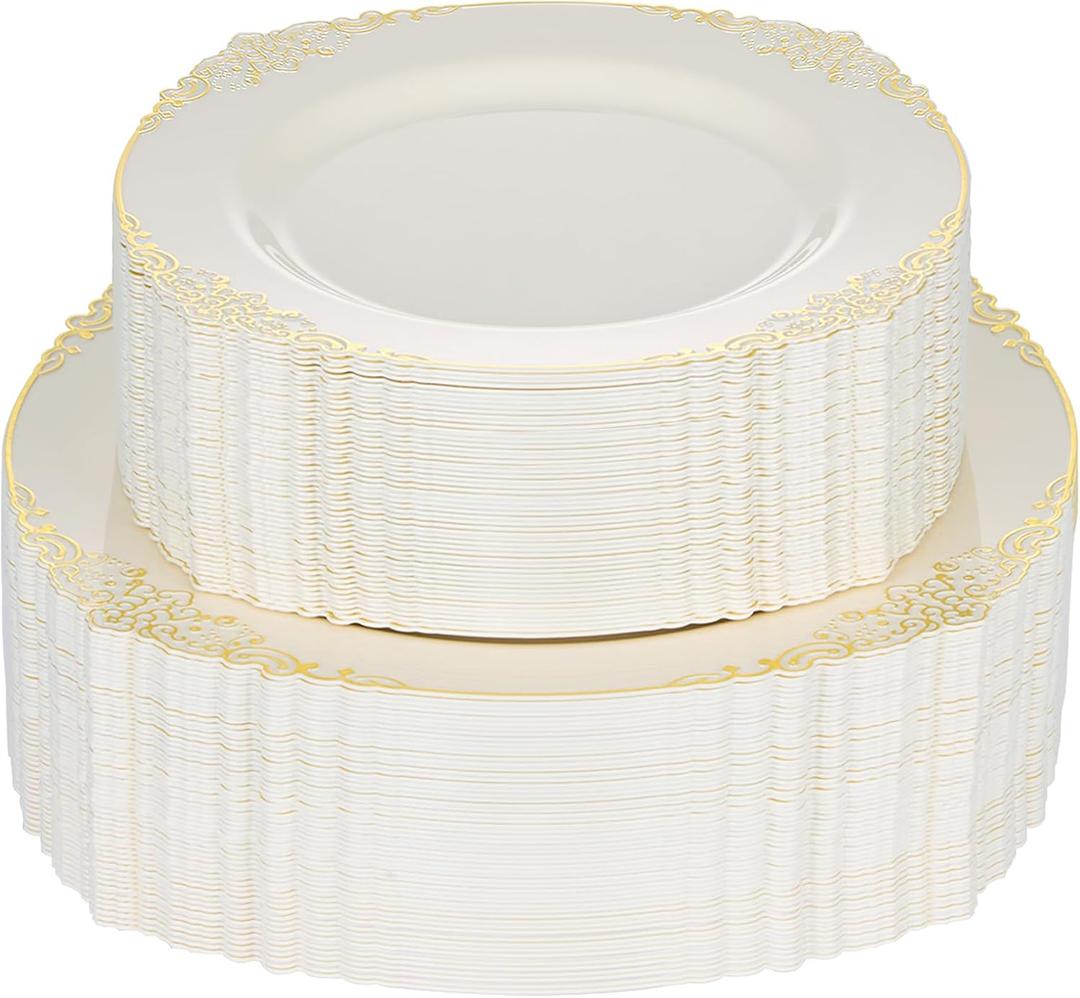Bestluck 200 PCS Ivory and Gold Plastic Plates for 100 Guests, Gold Disposable Plates Include 100 PCS Dinner Plates, 100 PCS Dessert Plates for Party, Wedding and Graduation (200, Ivory White)