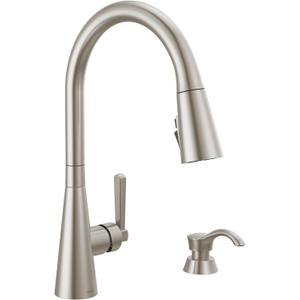 Delta Boyd Brushed Nickel Kitchen Faucet with Pull Down Sprayer and Soap Dispenser, Modern Single Hole Kitchen Sink Faucet, Single Handle, SpotShield Stainless 19893Z-SPSD-DST