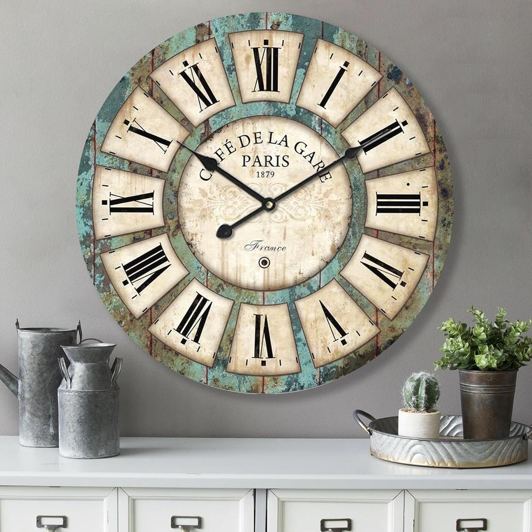 24 Inch Vintage Wall Clock, Roman Numerals Style, Battery Operated, Non-Ticking, Large Oversized Farmhouse Clock, Rustic Wall Decor, Perfect for Home, Kitchen, Living Room (Yellow)