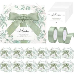 24 Set Green Floral Wedding Welcome Box with Ribbon and Label 9x6x6'' Large Gable Boxes Paper Goodie Boxes Welcome Favor Kit for Wedding Bridesmaid Gift Bridal Baby Shower Birthday Party