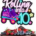 "Rolling into" cake topper roller skating theme 10th birthday happy roller skates decoration, boy and girl birthday party, club hip hop party, or disco party decoration, birthday gift for kids.LIANGSS