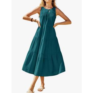 Newshows Women's 2024 Summer Midi Dresses Sleeveless Crewneck Beach Boho Casual Loose Long Flowy Tiered Sundress with Pockets, Size XXL