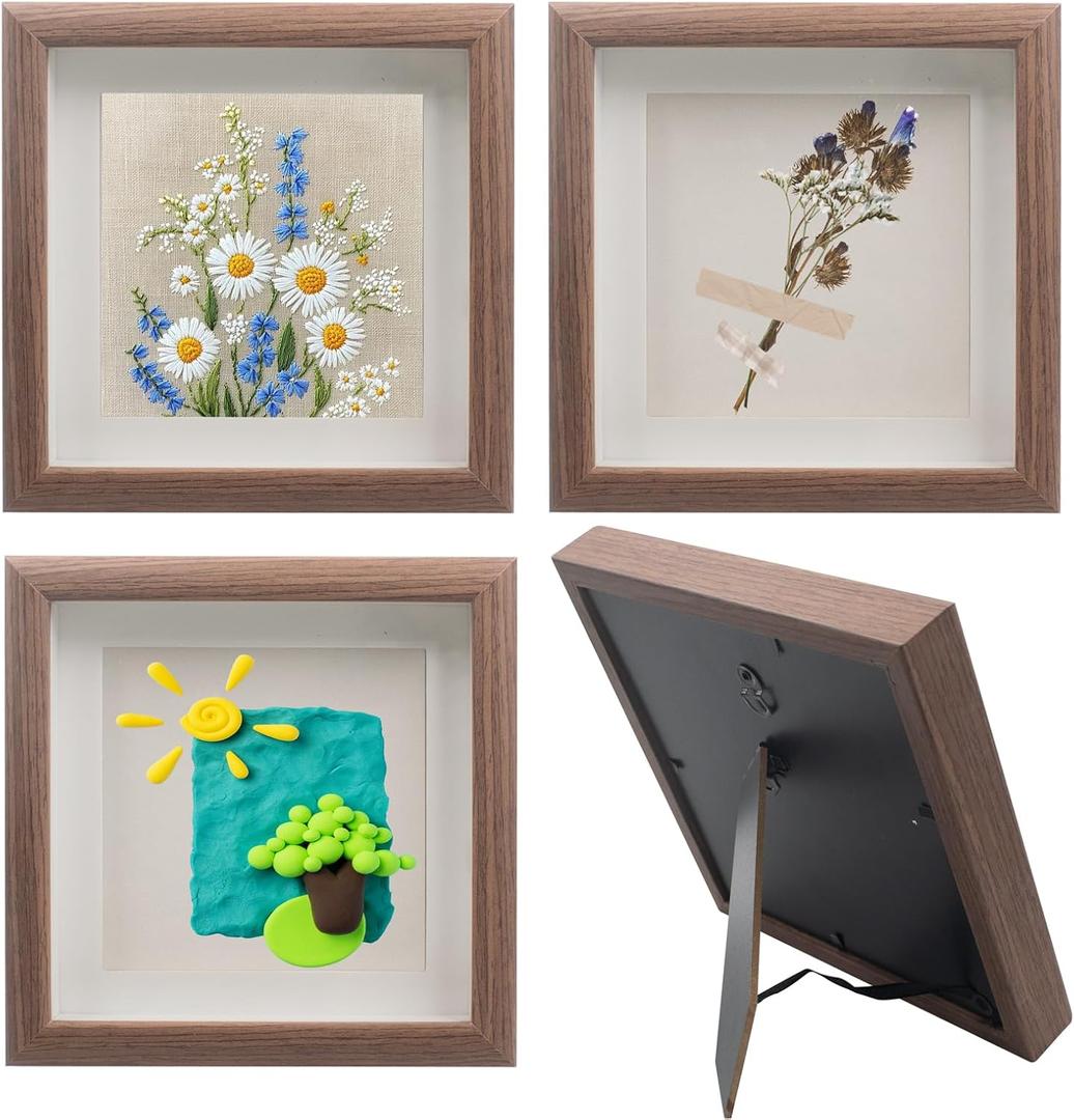 4 PCS Shadow Box Picture Frame, Vintage Small Wall Mounted & Tabletop Wood Square Frame with Real Glass for Mini Dried Flower Bouquet, Memorabilia, Medals, Badges, Shells, Photos (Walnut) (6 x 6 Inch)