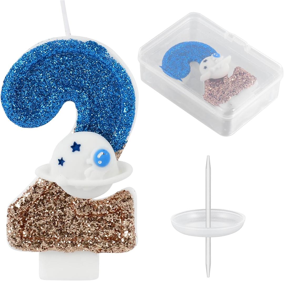 3 x Space Birthday Candle Astronaut Blue Number 2 Candle Outer Space Cake Decorations Spaceship Cupcake Toppers Spaceman Theme Party Decor Favors