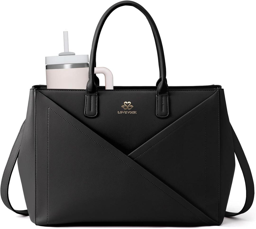 LOVEVOOK Laptop Tote Bag for Women with Large Cup Holder, 17.3 Inch PU Leather Work Bag Teacher Tote Bag, Waterproof Computer Bags Business Office Briefcase Handbag (Black)