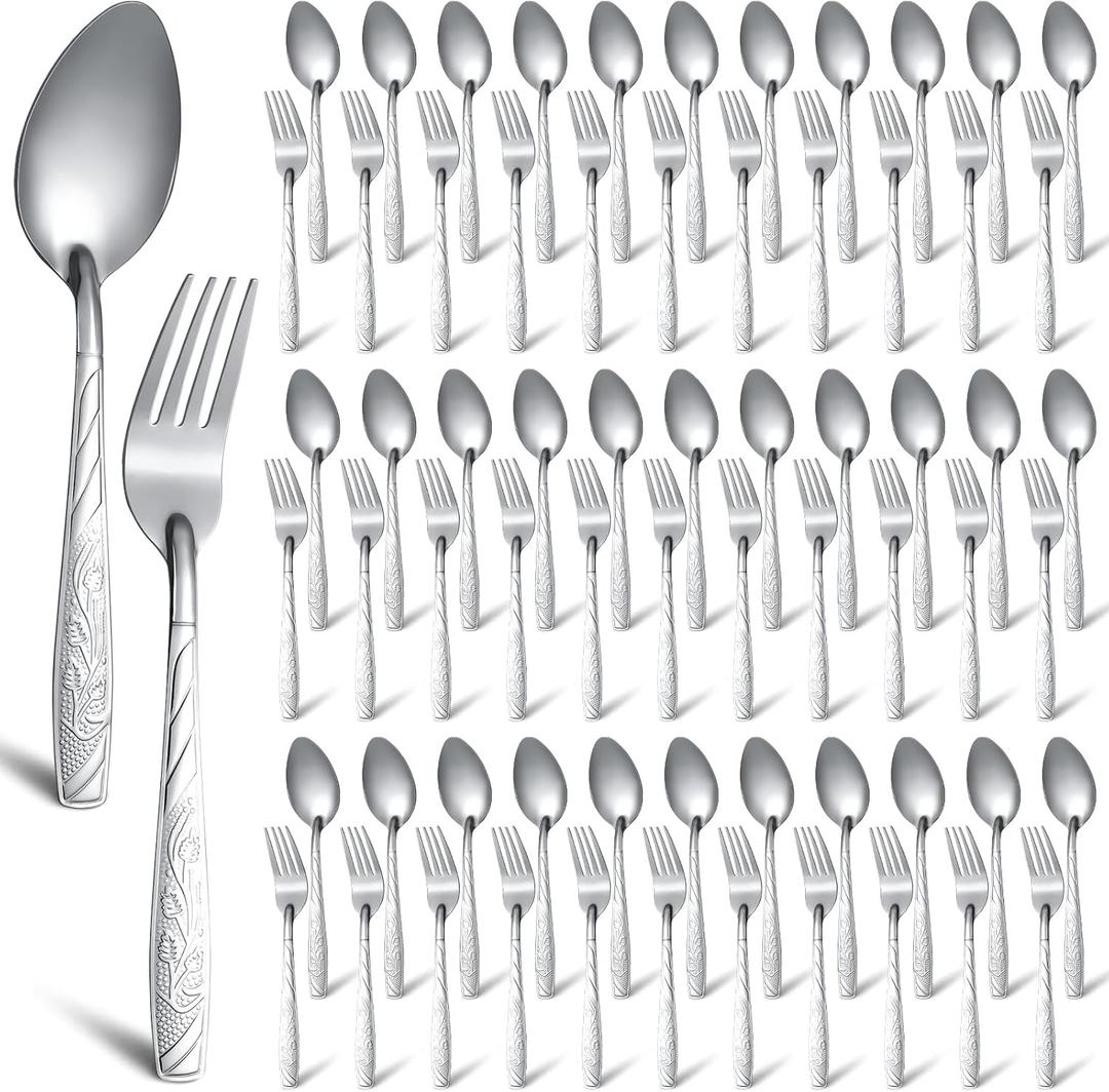 Minatee 200 Pcs Forks and Spoons Silverware Set Stainless Steel Flatware Cutlery Set Heavy Duty Metal Spoons and Forks for Kitchen Utensil Dinner Restaurant Home Mirror Polished (Flower)