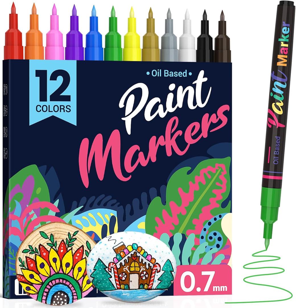 Permanent Oil Based Paint Markers: Fine Point Oil Paint Pen, 12 Colors Fine Tip Waterproof Marker Pen for Rock Painting, Mark Metal, Engineer Detail Work, Wood Craft, DIY Christmas Gift, Porcelain Art