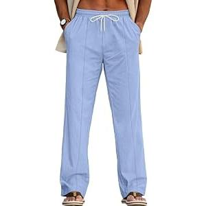 TAFLE ‌Men's Linen Pants Elastic Waist Lightweight Breathable Summer Casual Beach Yoga Trousers with Pockets