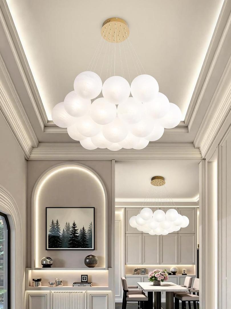 Modern Bubble Chandelier Lighting 19-Light Mid-Century White Glass Globe Chandeliers Cluster Pendant Light Gold Finish Hanging Lamp for Bedroom Living Room