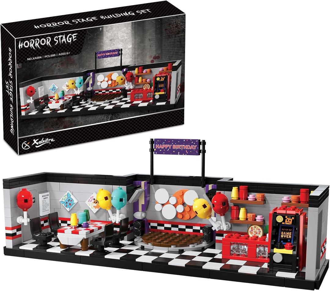 Five Nights Pizzeria Stage Building Blocks Set, Monster Classic Horror Game Halloween Creative Festival Bricks Kit Toys Gifts Merch, Suitable for Fans Boys Girls Kids