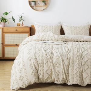 HYLEORY Boho Duvet Cover Set Full Size - Breathable Tufted 3-Piece Bedding for All Seasons, 1 Cover (80"x90") and 2 Pillow Shams With Zipper Closure, NO Comforter, Beige