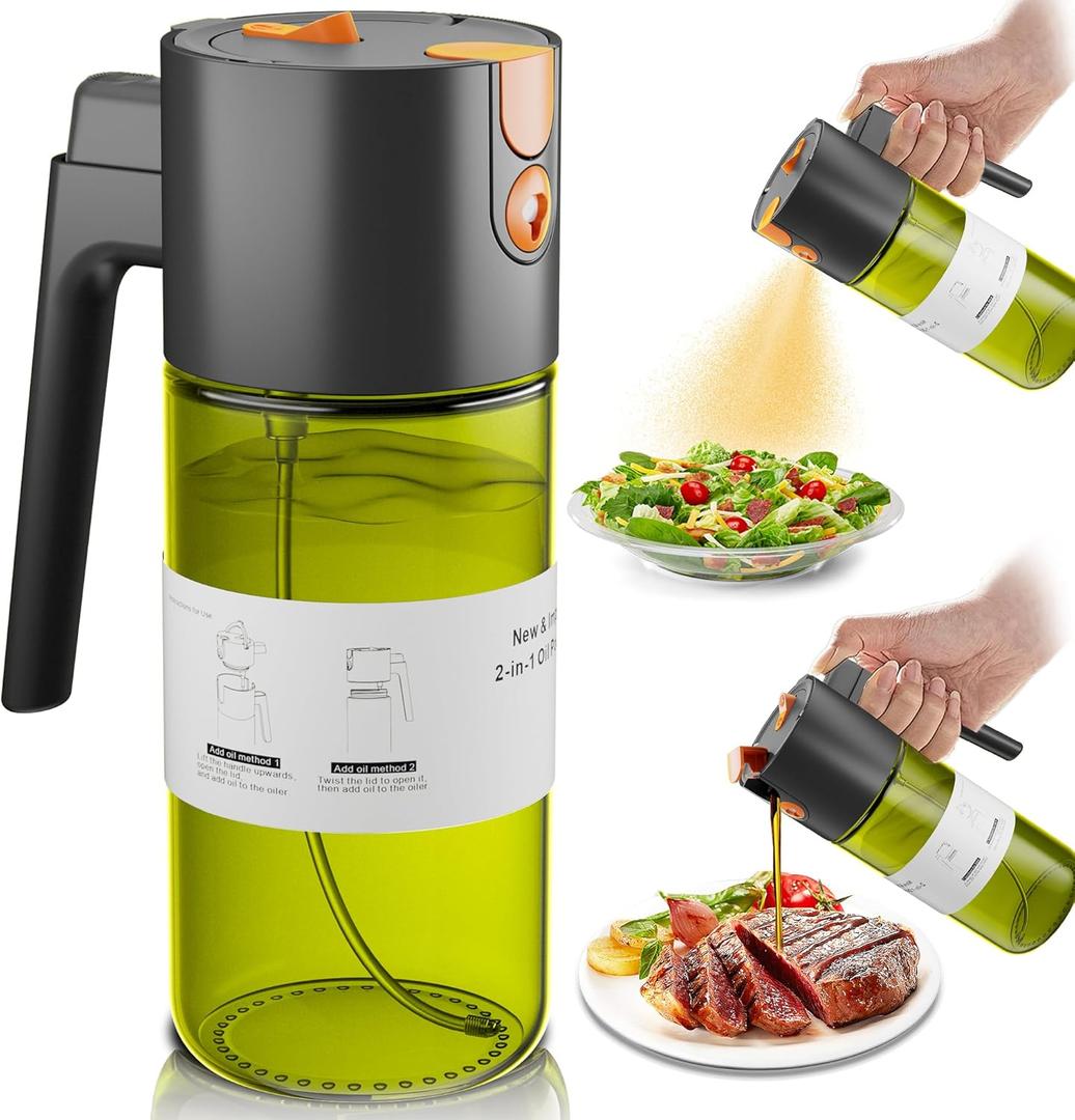 OURCABECUE Upgrade 2 in 1 Oil Sprayer for Cooking, 17oz Light-Blocking Glass Olive Oil Dispenser Bottle for Kitchen, Food-Grade Oil Mister with 8 Stickers for Salad, Frying (Green Bottle-Black Gap)