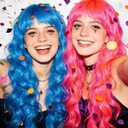 Long Curly Wig with Heart Sunglasses and Hair Cap Set of 4 | Colorful Colored Party Wigs Funny Costume Hairpieces for Cosplay