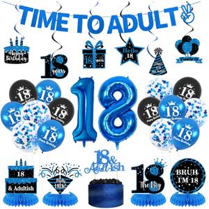 Trgowaul Happy 18th Birthday Decorations for Boys, 26pcs Black Blue 18th Party Supplies, Time To Adult Banner, Hanging Swirls, Cake Topper&Centerpieces, 18 Number Balloons, 18 Year Old Birthday Set
