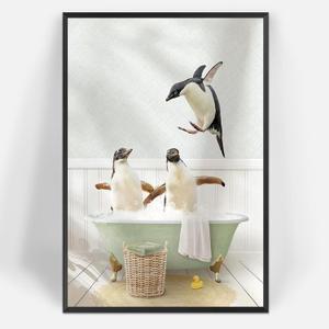 Funny Bathtub Penguin Wall Art Funky Penguin Penguin Yellow Duck Canvas Posters Retro Humor Animal Prints Painting For Bathroom Restroom Toilet Wall Decor 12x16in Unframed (Multi 05)