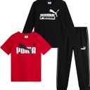 PUMA Toddler Boys Pants Set - 3 Piece Short Sleeve T-Shirt, Long Sleeve T-Shirt and Tricot Pants - Boys Activewear Set, 2T-7, Size 4, Red/ Black