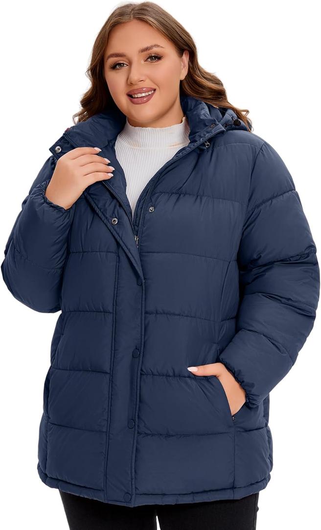 WINDMILL Womens Plus Size Heavyweight Puffer Jacket, Warm Winter Coat with Hood (3X, Navy)