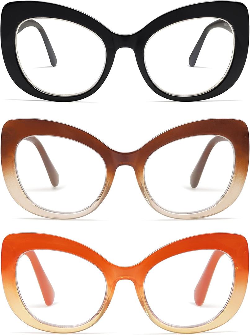 AMOMOMA 3 Pack Stylish Oversized Cat Eye Reading Glasses for Women Fashion Readers Blue Light Square Computer Glases AM6077 (C1.black+c2.tortoise Grading Green+c5.orange Grading)
