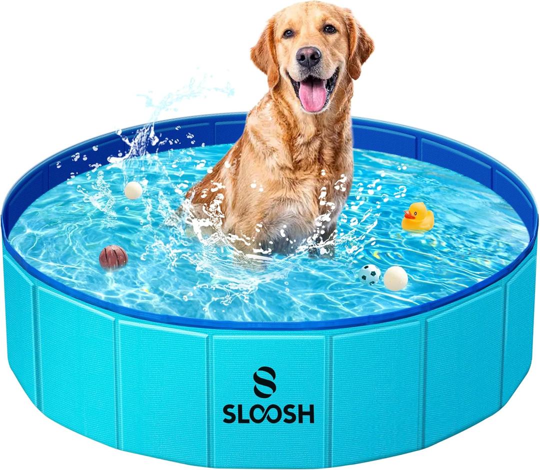 Sloosh Foldable Dog Kiddie Pool - Portable Hard Plastic Doggie Swimming Pool, Anti-Slip Collapsible Pets Bath Tub Suitable for Kids Indoor Outdoor Backyard Use (32" x 8", Blue)