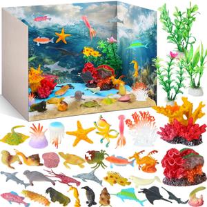 Ocean Diorama Kit Habitat Project Supplies Under The Sea Animals Figures Small Shark Fish Figures Artificial Coral Seagrass with Gift Box for Gifts Birthday Party Decorations