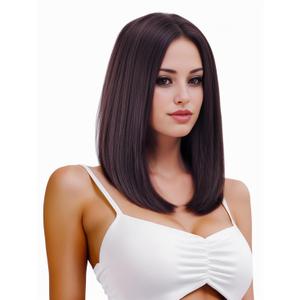 Rugelyss Chestnut Brown Bob Wigs for Women Short Straight Brunetee Wig with No Bangs 14 Inch Heat Resistant Synthetic Wig with Middle Part for Daily or Party and Halloween Costume