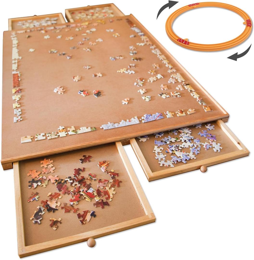 Bits and Pieces Rotating Puzzle Board with Drawers  1000 Piece Jigsaw Puzzle Table Organizer with Lazy Susan Spinner  The Original Premium Wooden Puzzle Board for Adults, Portable & Durable Design (1000 pc Plateau With Spinner)