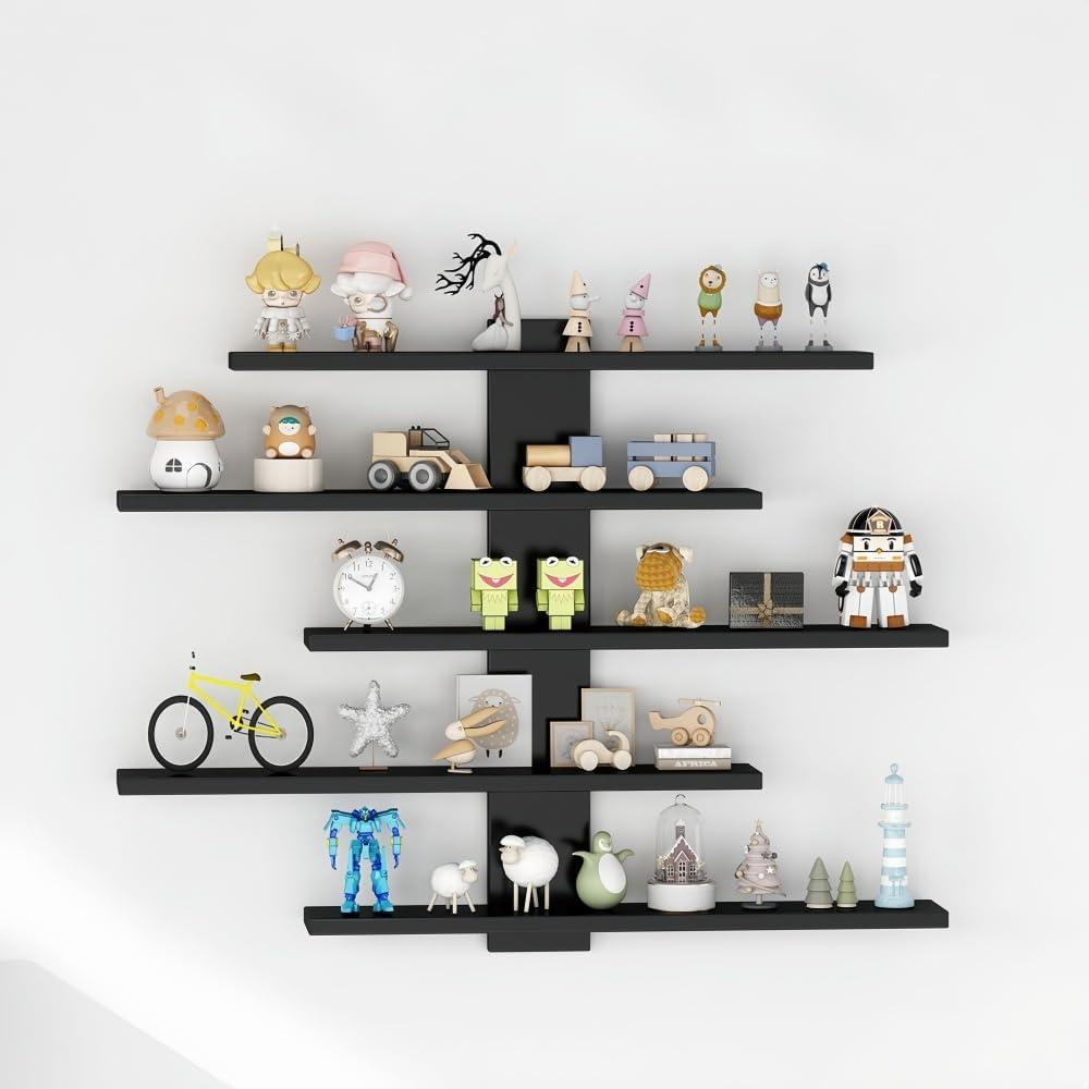 5-Tier Floating Wall Mounted Shelves (White & Black) - Decor & Display Storage for Anime Figurines, Dolls, Green Plants & Statues Ideal for Bedroom & Living Room & Study Room, or Kids Room