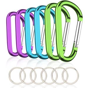 6PCS Black Carabiner Caribeaner Clip,3" Large Aluminum D Ring Shape Carabeaner with 6PCS Keyring Keychain Hook (2 Blue+2 Purple+2 Green)