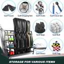Sttoraboks Golf Bags Storage Garage Organizer, Golf Bag Rack Fits 2/3 Golf Bags and Golf Equipment Accessories, Golf Club Storage Stand with Wooden Shelf and Lockable Wheels for Garage Indoor Basement