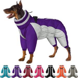 SUNFURA Purple Large Dog Coat, Water-Resistant Fleece, Turtle Neck, Windproof, Reflective, Full Body Warm Winter Dog Jacket with Harness