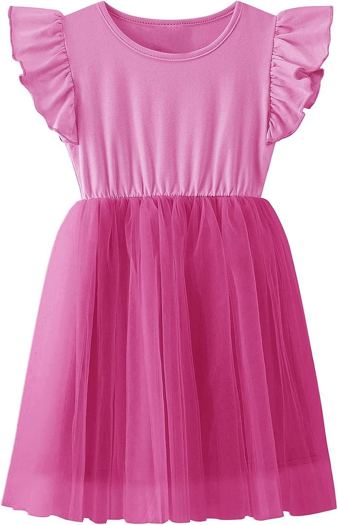 Girls Tutu Tulle Ruffle Sleeve Party Dress (Pink)