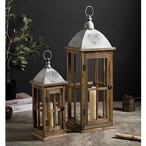 Set of 2 Large Decorative Wooden Metal Lanterns, Farmhouse Rustic Floor Candle Lanterns, Indoor/Outdoor Hanging Lanterns for Home Decor (No Glass) (Brown)