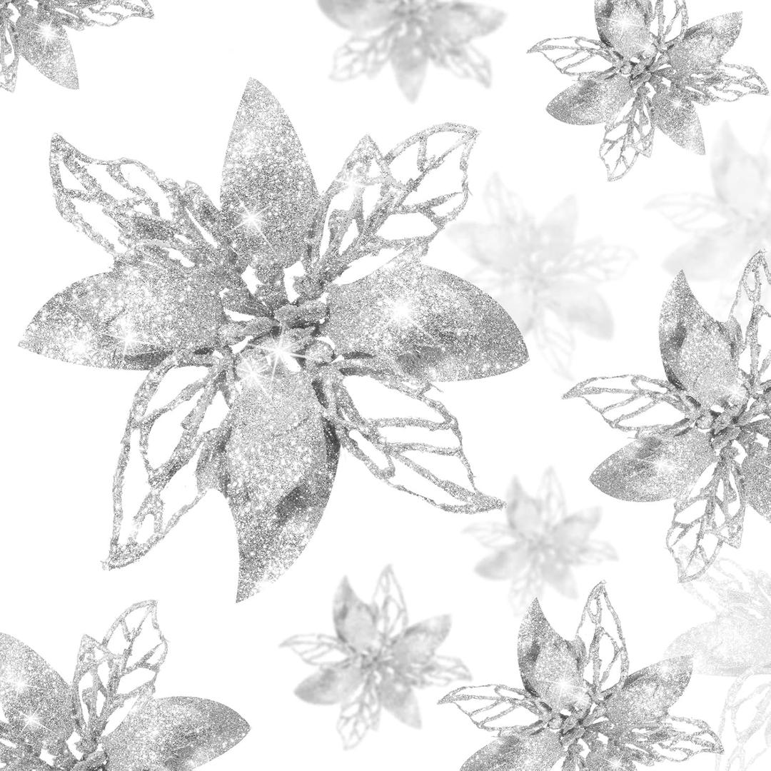 Boao 24 Pieces Christmas Glitter Artificial Poinsettia Flowers Christmas Flowers Decorations Wedding Xmas Tree New Year Ornaments (Silver)