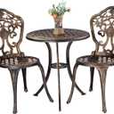 Bistro Set 3 Piece Rustproof Cast Aluminum Patio Furniture Sets 2 Chairs and 1 Round Table Outdoor, Garden, Patio, Balcony, Bronze, Carved Chair Set
